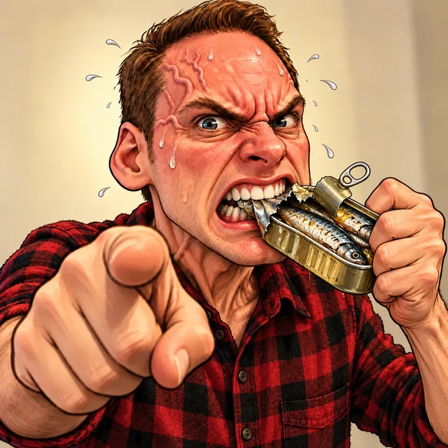 A very serious man aggressively eating a can of sardines